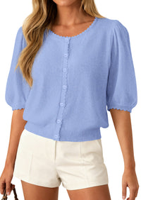 PRETTYGARDEN Puff Short Sleeve Cardigans for Women Lightweight 2026 Summer Shirts Button Up Knit Sweater Tops Spring Clothes PRETTYGARDEN