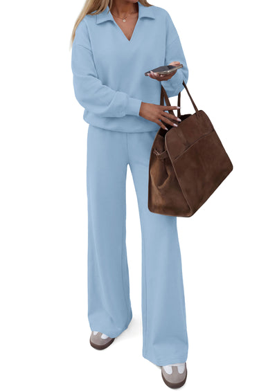 PRETTYGARDEN Womens Sweatsuits 2 Piece Outfits Matching Sets | Wide Leg Sweatpants & Polo V Neck Sweatshirt, Lounge Set, Comfy Airport Travel Outfits, Track suits, Fall Winter Clothes