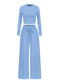 PRETTYGARDEN Womens 2 Piece Sets Long Sleeve Outfits  Soft Ribbed Knit, Loose Wide Leg Fit, Crop Top Drawstring High Waist Pants Set, Casual Lounge Travel, Matching Fall Clothes
