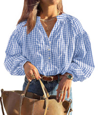 PRETTYGARDEN Women Fall Plaid Long Puff Sleeve Shirts V Neck Casual Blouses  Gingham Button Down Oversized, Pleated Drop Shoulder Cotton Tops, Dressy Casual, Work Vacation Travel, Fall Outfits Trendy