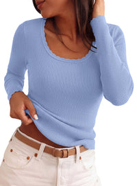 PRETTYGARDEN Women's Fall Lightweight Ribbed Knit Sweaters | Stretchy Cozy Knitwear,Scalloped Scoop Neck,Long Sleeve Shirts,Slim Fitted Pullover,Basic Layering Tops,Cute Casual Outfits