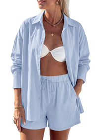 PRETTYGARDEN Women's Summer 2 Piece Matching Lounge Sets Pajamas Long Sleeve Shirts Blouse Pockets Shorts 2026 Spring Outfits