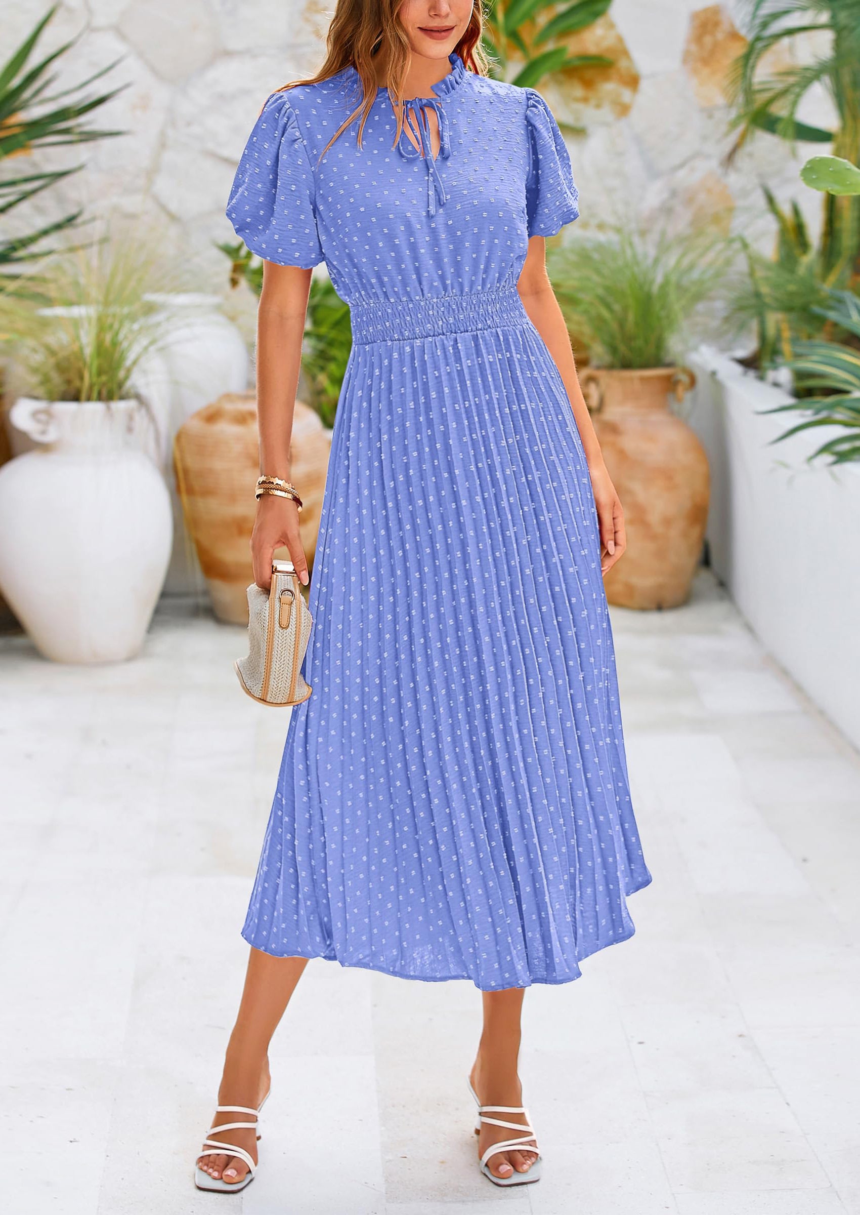 PRETTYGARDEN Womens Midi Dresses Puff Short Sleeve V Neck Swiss Dot Pleated A Line Flowy Long Wedding Guest Dress