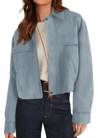 PRETTYGARDEN Women's Faux Suede Cropped Fall Jackets | Soft Zip Up Coats,Classic Lapel Collar,Button Down Shacket,Oversized Casual Outerwear,Trendy Winter Clothes with Pockets