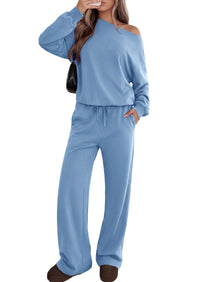 PRETTYGARDEN Womens 2 Piece Casual Matching Lounge Sets  Fashion Off the Shoulder Sweatshirt, Wide Leg Pants with Pockets, Comfy Airport Travel Outfit, 2026 Trendy Fall Set