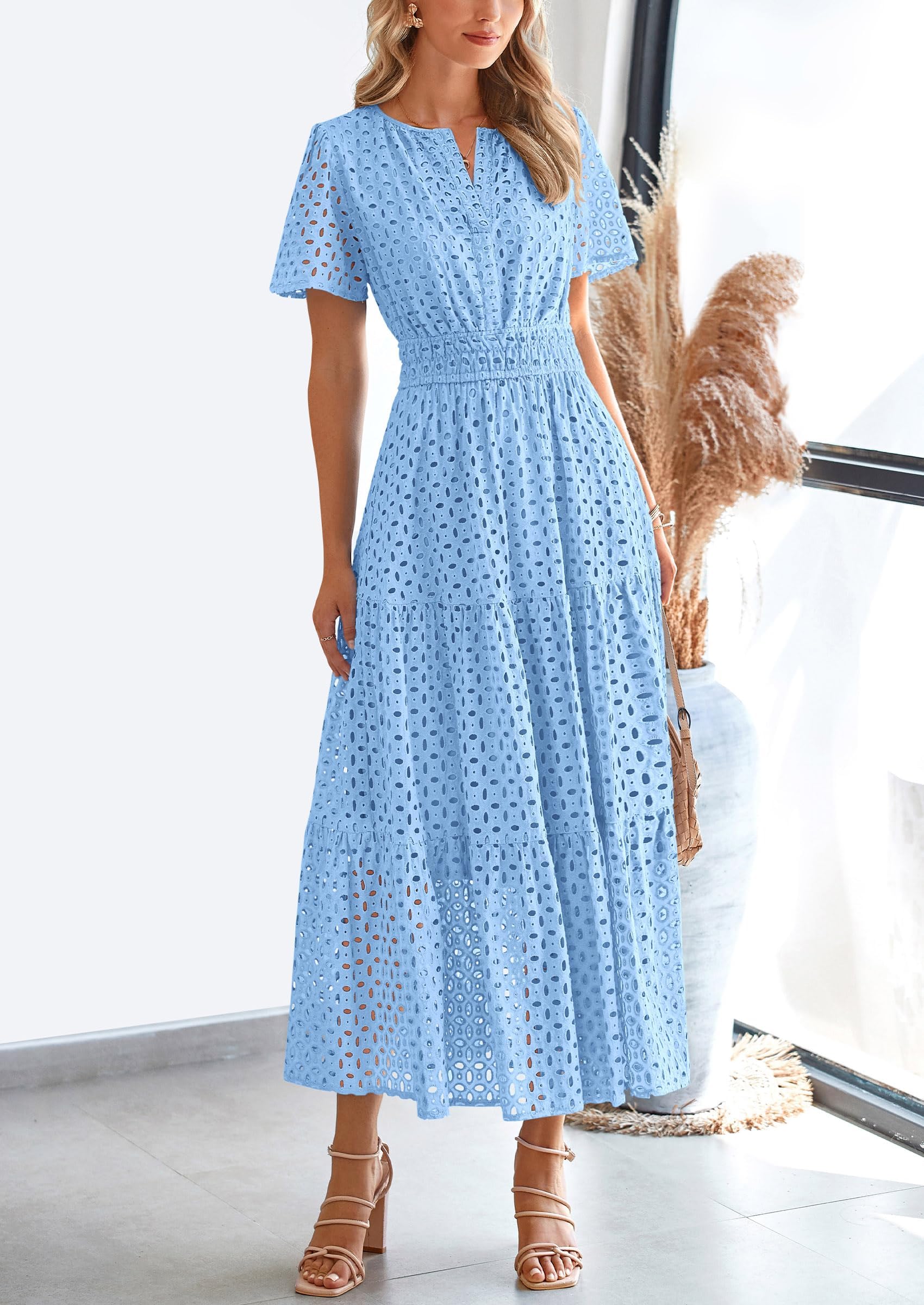 PRETTYGARDEN Womens Maxi Dress Short Sleeve V Neck Hollow Out Eyelet A Line Long Flowy Beach Vacation Dresses