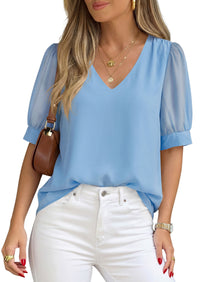 PRETTYGARDEN Womens Tops Dressy Casual Puff Sleeve Chiffon Blouses V Neck Business Work Shirts 2026 Summer Fashion Clothing