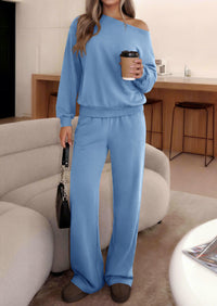 PRETTYGARDEN Womens 2 Piece Casual Matching Lounge Sets  Fashion Off the Shoulder Sweatshirt, Wide Leg Pants with Pockets, Comfy Airport Travel Outfit, 2026 Trendy Fall Set