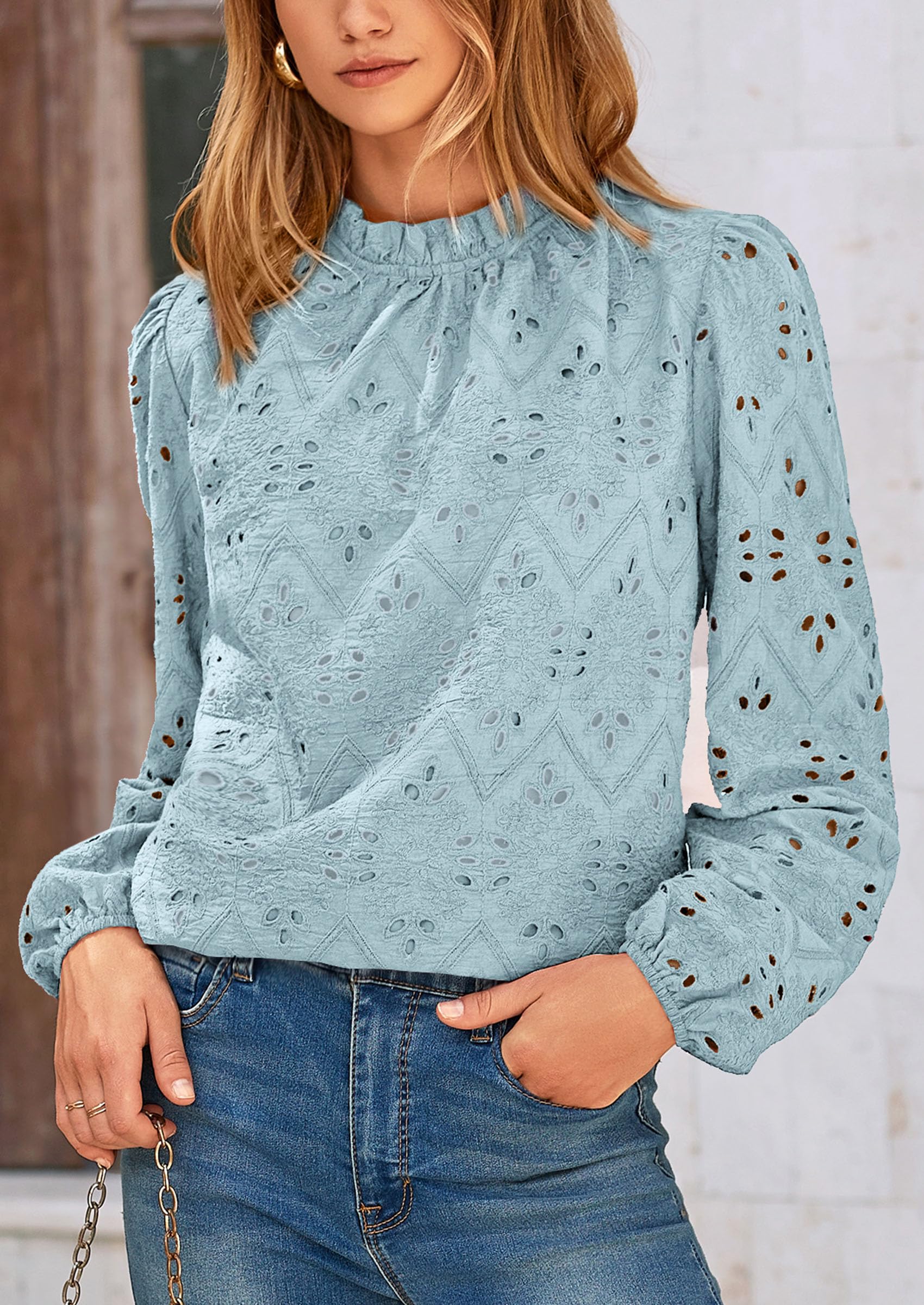 PRETTYGARDEN Womens Tops Dressy Casual Spring Long Sleeve Shirts Embroidered Eyelet Blouses Going Out Outfits