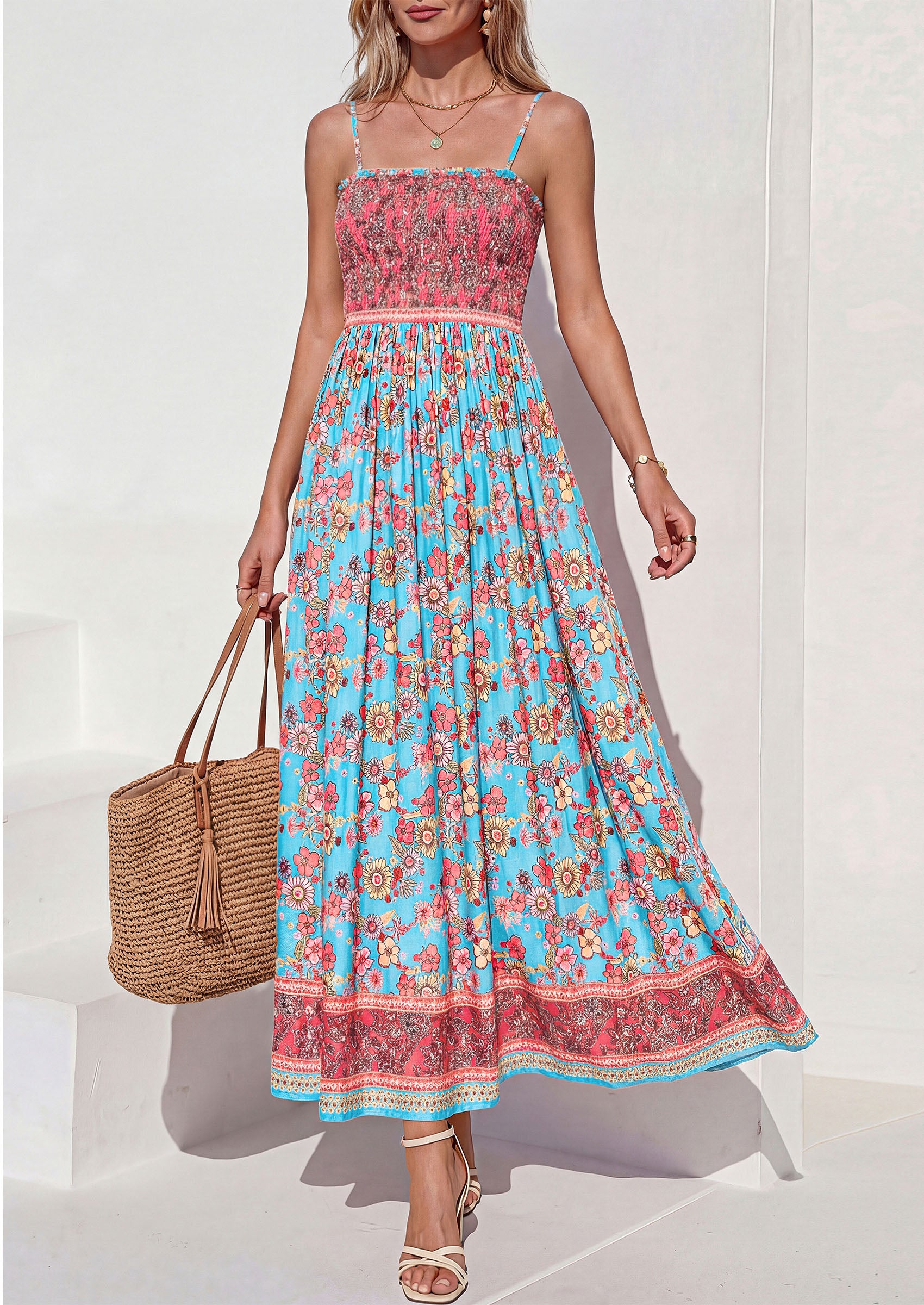 PRETTYGARDEN Womens Floral Maxi Dress Boho Casual 2026 Summer Spaghetti Strap Smocked Sleeveless Flowy Beach Vacation Dresses