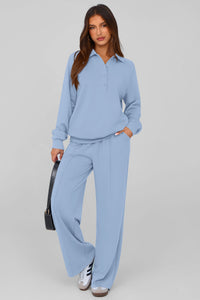 PRETTYGARDEN Women Fall 2 Piece Outfits Sweatsuits Quarter Button Long Sleeve Sweatshirt Wide Leg Pants Tracksuit Lounge Sets