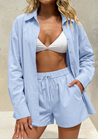 PRETTYGARDEN Women's Summer 2 Piece Matching Lounge Sets Pajamas Long Sleeve Shirts Blouse Pockets Shorts 2026 Spring Outfits