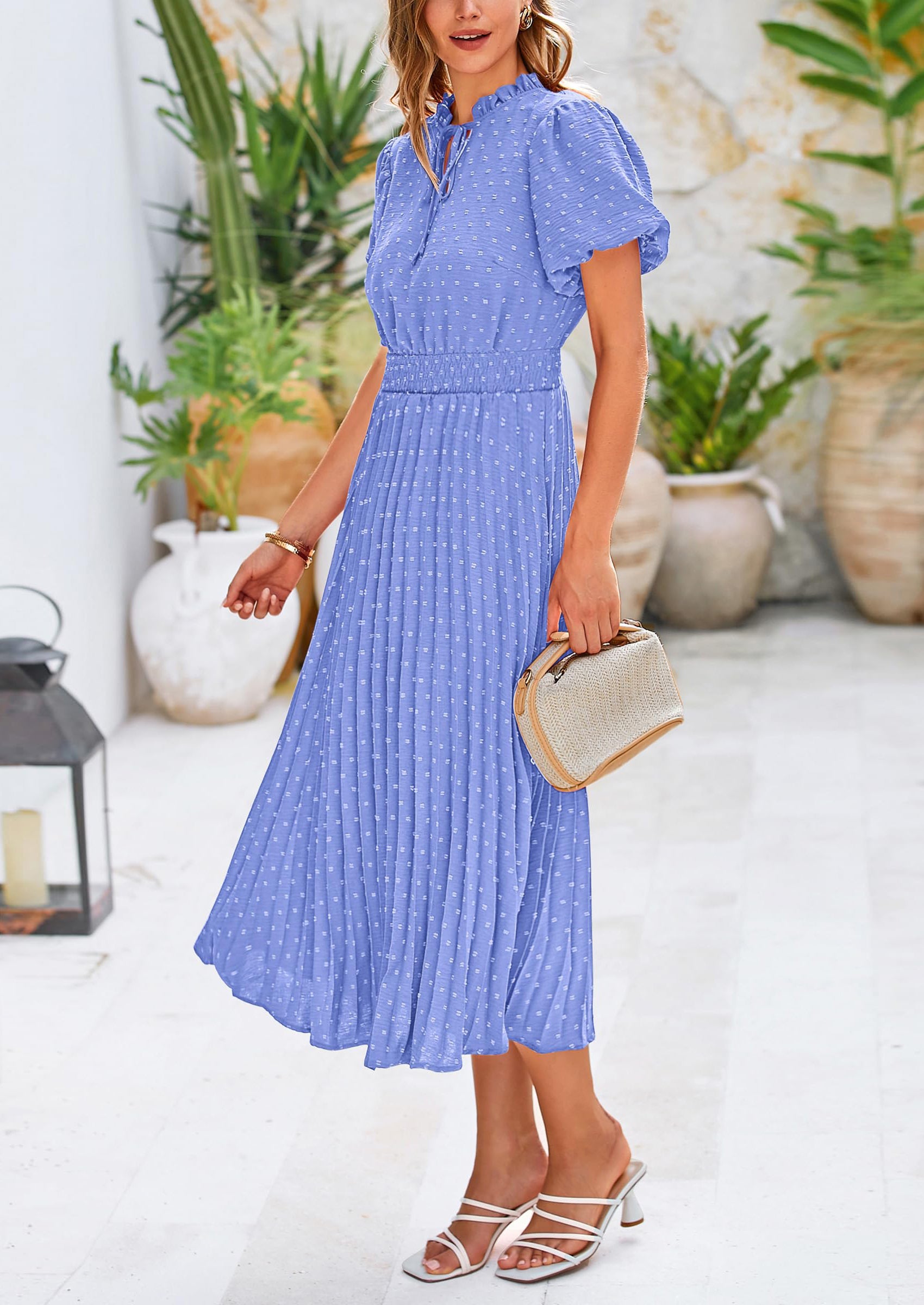 PRETTYGARDEN Womens Midi Dresses Puff Short Sleeve V Neck Swiss Dot Pleated A Line Flowy Long Wedding Guest Dress