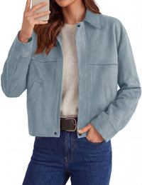 PRETTYGARDEN Women's Faux Suede Cropped Fall Jackets | Soft Zip Up Coats,Classic Lapel Collar,Button Down Shacket,Oversized Casual Outerwear,Trendy Winter Clothes with Pockets