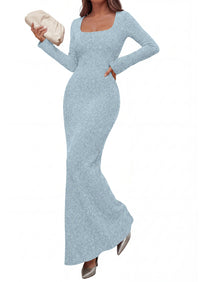 PRETTYGARDEN Women's Fall Long Sleeve Maxi Bodycon Dresses | Soft Stretchy Ribbed Knit, Bell Sleeve Square Neck Mermaid, Elegant Long Dress, Wedding Guest Party, 2026 Winter Clothing