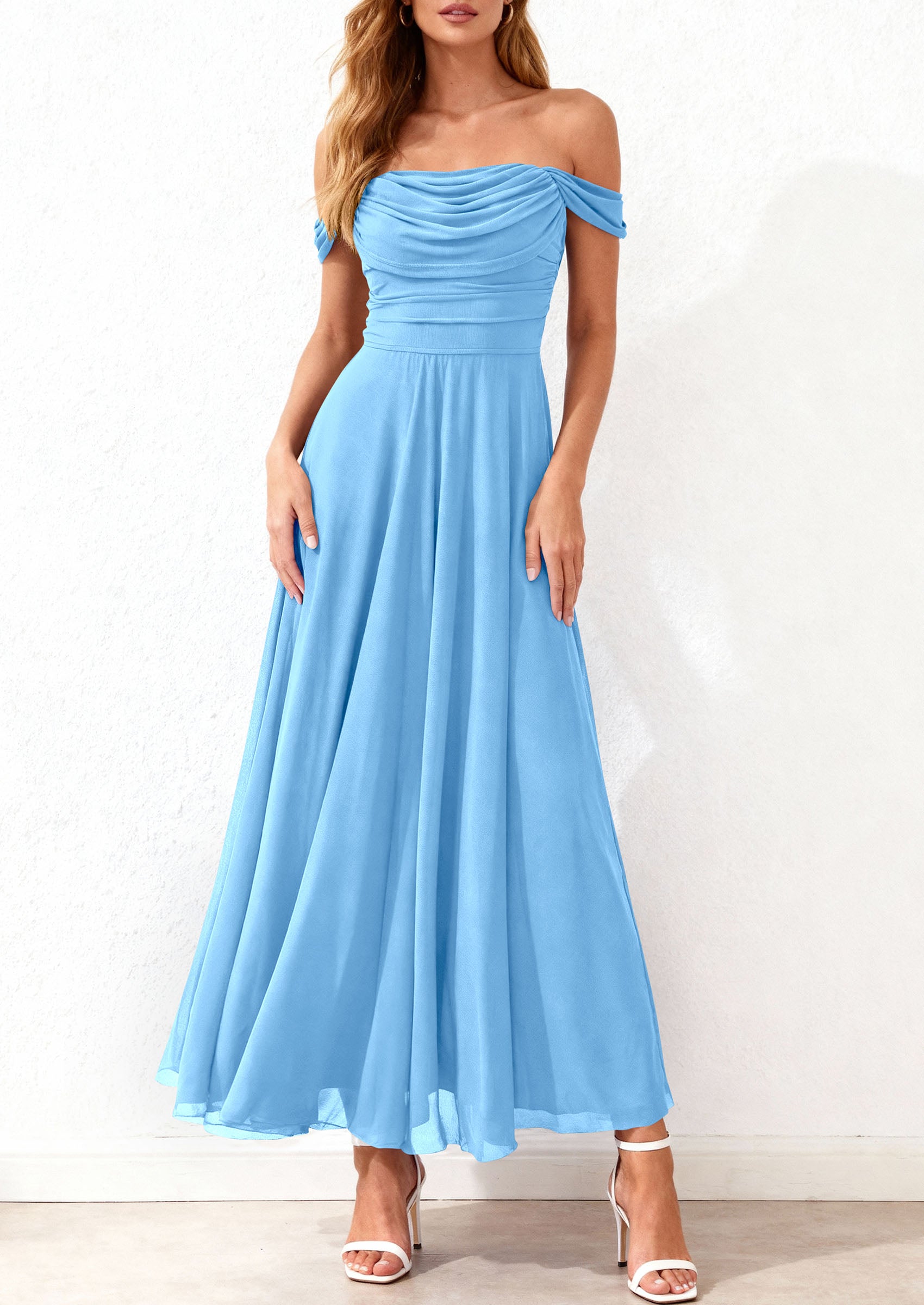 PRETTYGARDEN Womens Off Shoulder Maxi Summer Dresses 2026 Elegant Mesh Aline Swing Ruched Flowy Cocktail Wedding Guest Dress PRETTYGARDEN