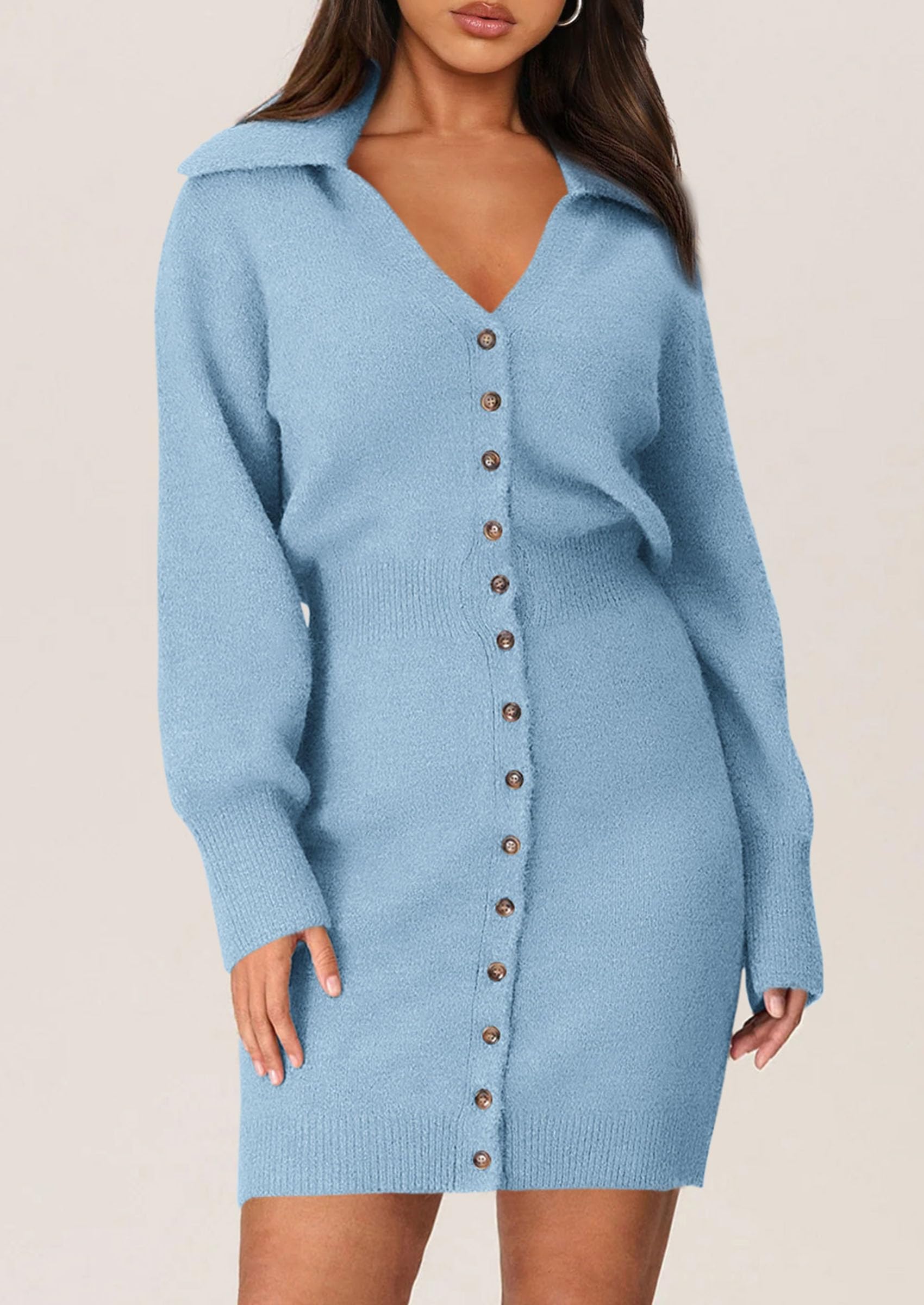 PRETTYGARDEN Sweater Dresses for Women Trendy Long Sleeve Button Down Short Spring Dress