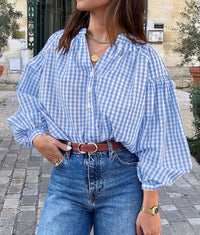 PRETTYGARDEN Women Fall Plaid Long Puff Sleeve Shirts V Neck Casual Blouses  Gingham Button Down Oversized, Pleated Drop Shoulder Cotton Tops, Dressy Casual, Work Vacation Travel, Fall Outfits Trendy