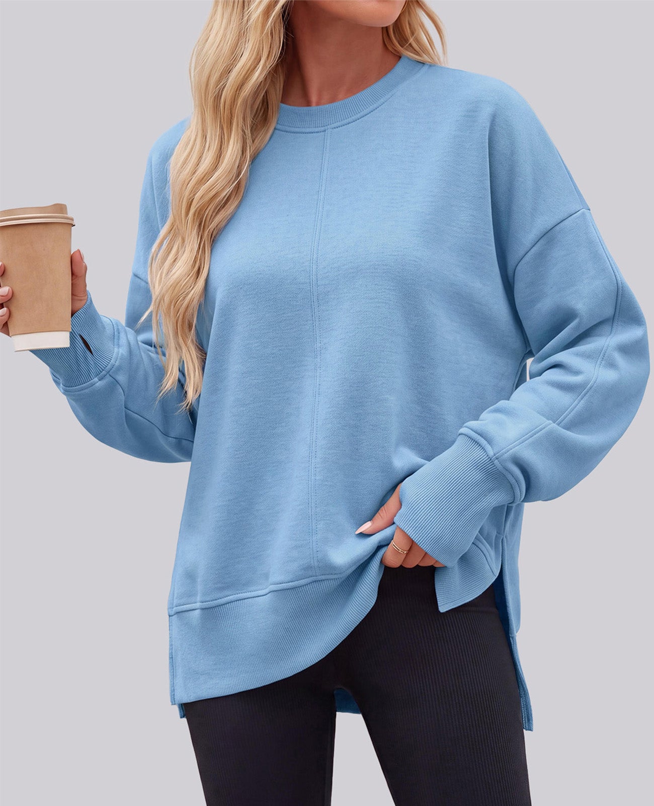 PRETTYGARDEN Womens Long Sleeve Loose Crewneck Sweatshirts with Thumb Hole | Soft Cozy Fleece Basic Side Slit Oversized Pullover Tops, Workout Casual Daily Wear, Y2k 2026 Fashion Fall Winter Clothing