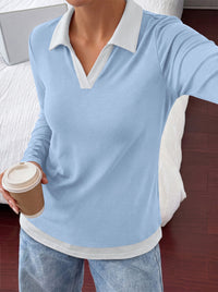 PRETTYGARDEN Womens Casual Polo T-Shirt Color Block Layered Tops | Contrast Collared V Neck Tops, Soft Double Layer T Shirts for Women, Casual Tops for Women, Trendy Fall Outfits 2026