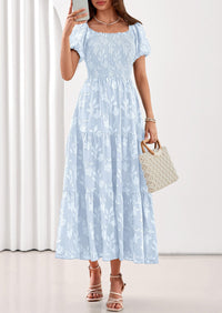 PRETTYGARDEN Women's 2026 Summer Boho Maxi Dresses Floral Short Sleeve Square Neck Smocked Flowy Long Dress Vacation Outfits PRETTYGARDEN