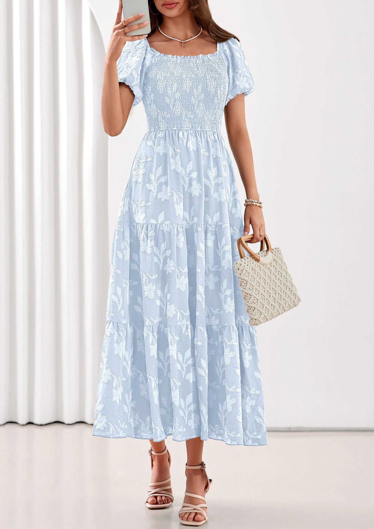 PRETTYGARDEN Women's 2026 Summer Boho Maxi Dresses Floral Short Sleeve Square Neck Smocked Flowy Long Dress Vacation Outfits PRETTYGARDEN