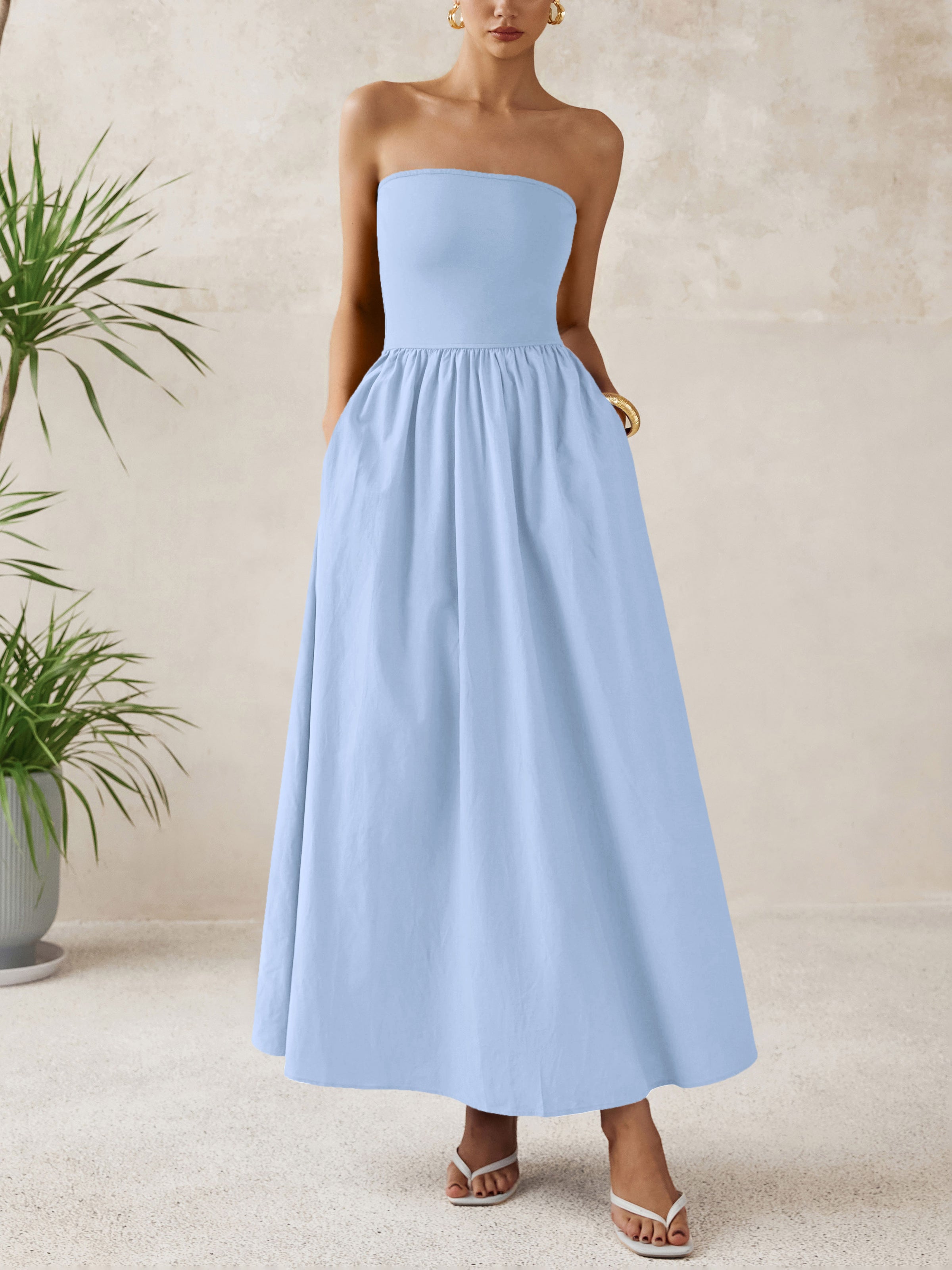 PRETTYGARDEN Women Summer Elegant Strapless Maxi Dress Tube Top Dress A Line Flowy Long Wedding Party Cocktail Dresses