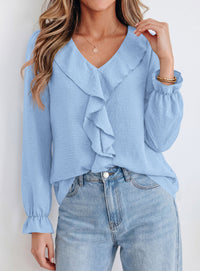 PRETTYGARDEN Women Early Fall Fashion Dressy Casual Blouses  | Comfy Lightweight,Lantern Long Sleeve Shirts,Cute Ruffle V Neck,Going Out Tops,Business Work Outfits,Trendy Daily Clothes