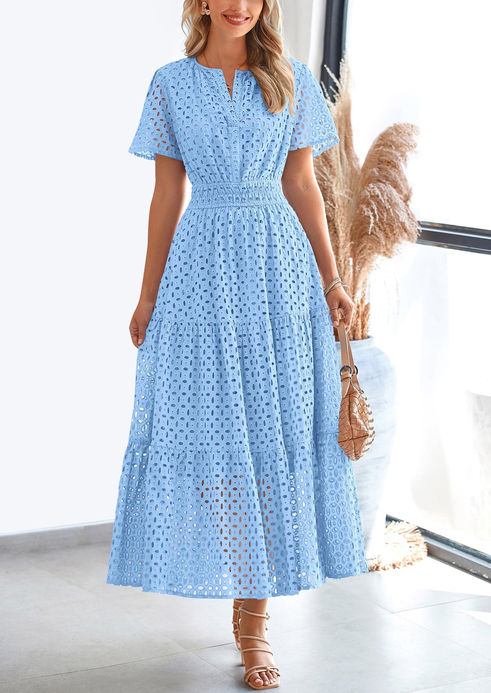 PRETTYGARDEN Womens Maxi Dress Short Sleeve V Neck Hollow Out Eyelet A PRETTYGARDEN Womens Maxi Dress Short Sleeve V Neck Hollow Out Eyelet A