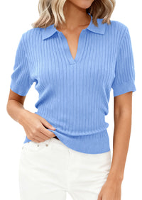 PRETTYGARDEN Women's Short Sleeve Sweater 2026 Spring Polo Shirts Ribbed Knit V Neck Business Casual Tops Summer Work Clothes PRETTYGARDEN