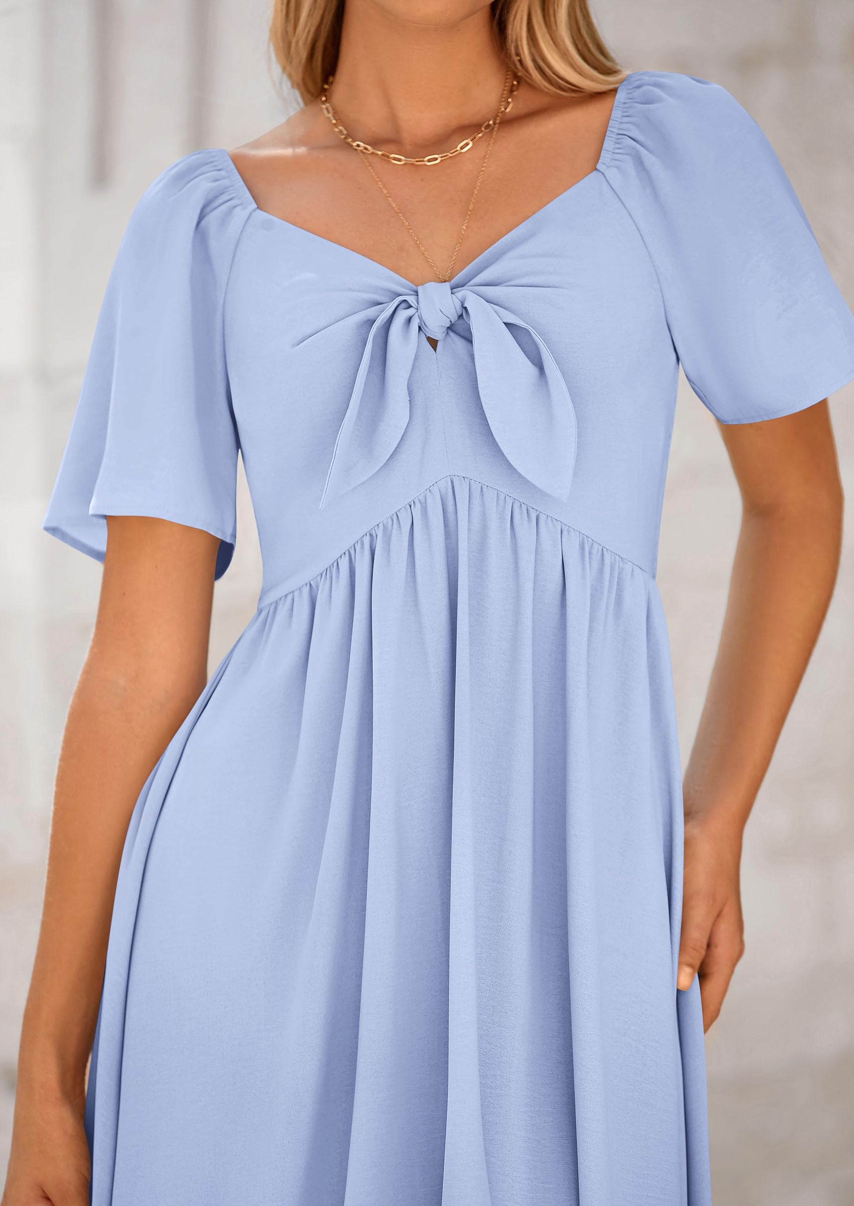 PRETTYGARDEN Summer Dress for Women Casual Short Sleeve Bow Tie V Neck Ruffle Midi Flowy Dresses