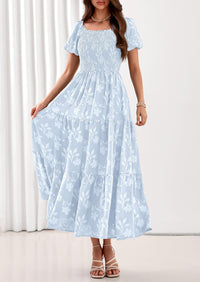 PRETTYGARDEN Women's 2026 Summer Boho Maxi Dresses Floral Short Sleeve Square Neck Smocked Flowy Long Dress Vacation Outfits PRETTYGARDEN