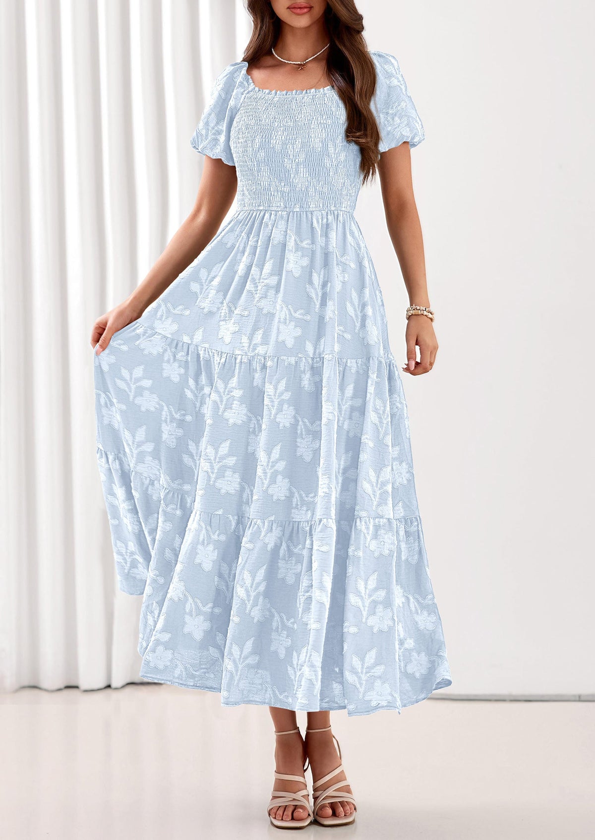 PRETTYGARDEN Women's 2026 Summer Boho Maxi Dresses Floral Short Sleeve Square Neck Smocked Flowy Long Dress Vacation Outfits PRETTYGARDEN