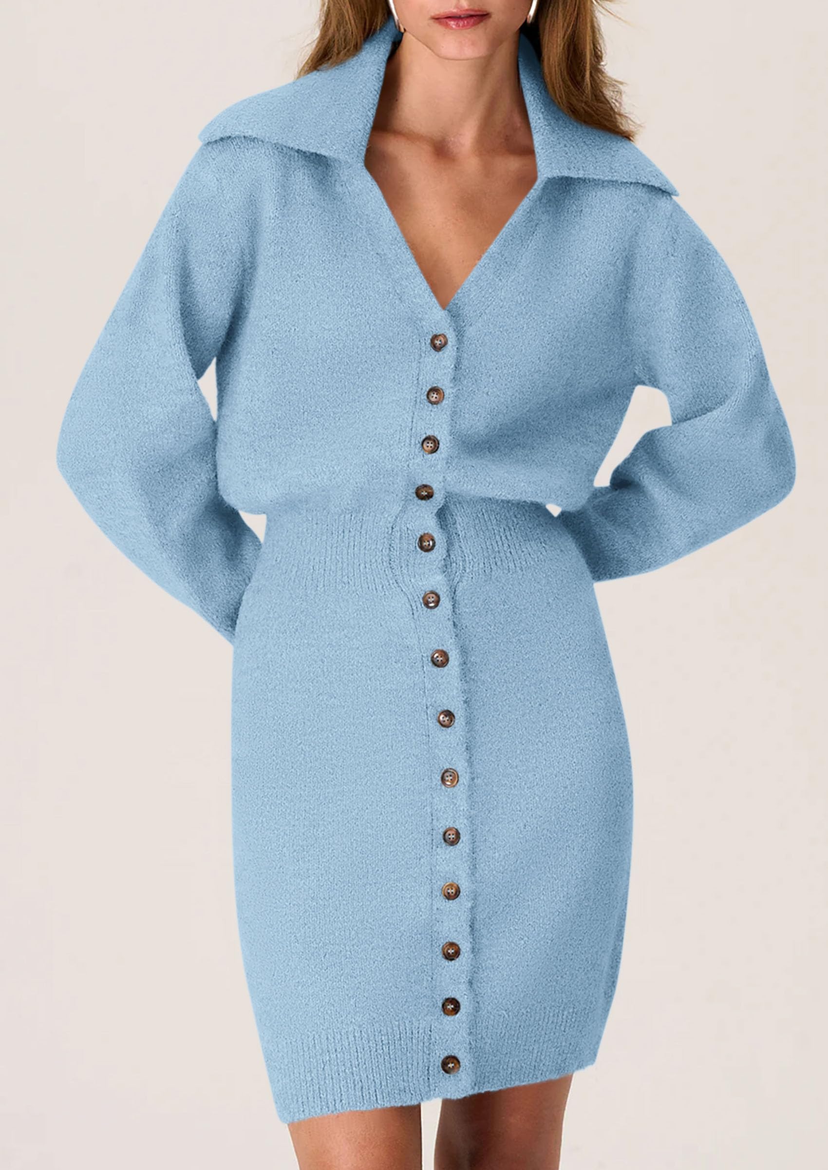 PRETTYGARDEN Sweater Dresses for Women Trendy Long Sleeve Button Down Short Spring Dress