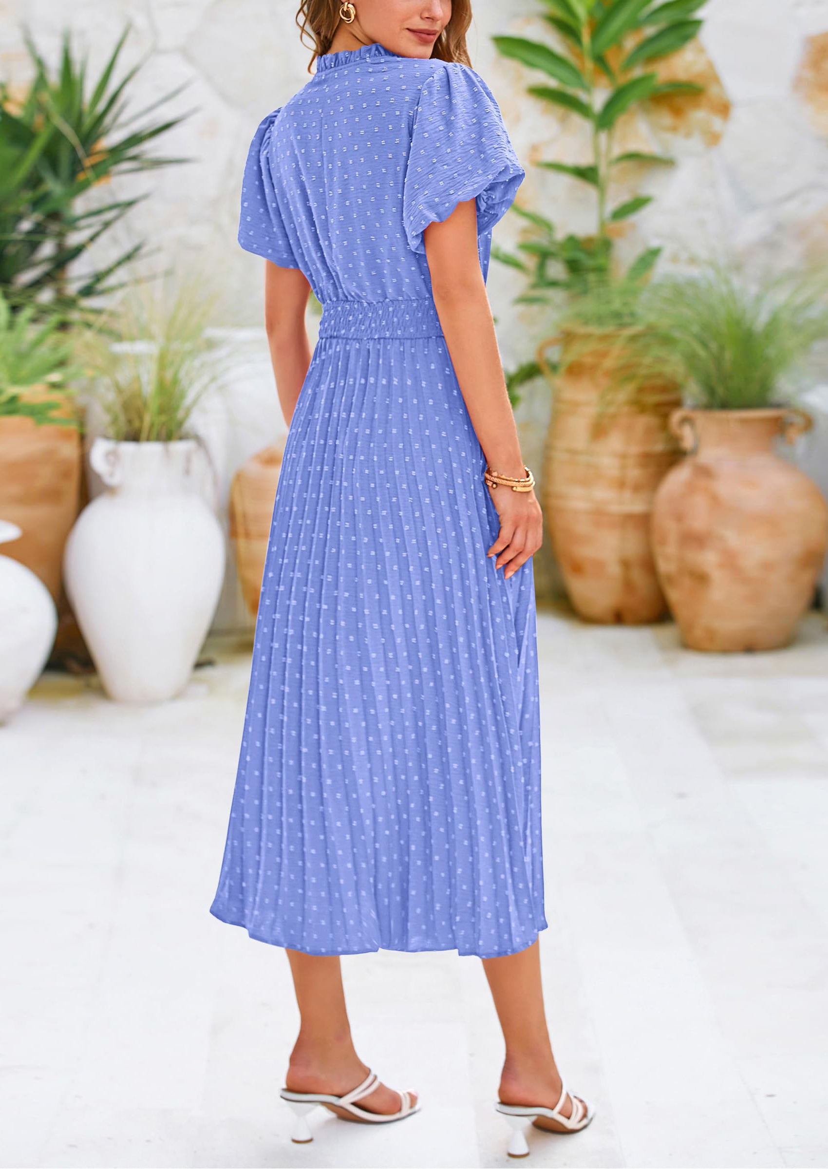 PRETTYGARDEN Womens Midi Dresses Puff Short Sleeve V Neck Swiss Dot Pleated A Line Flowy Long Wedding Guest Dress