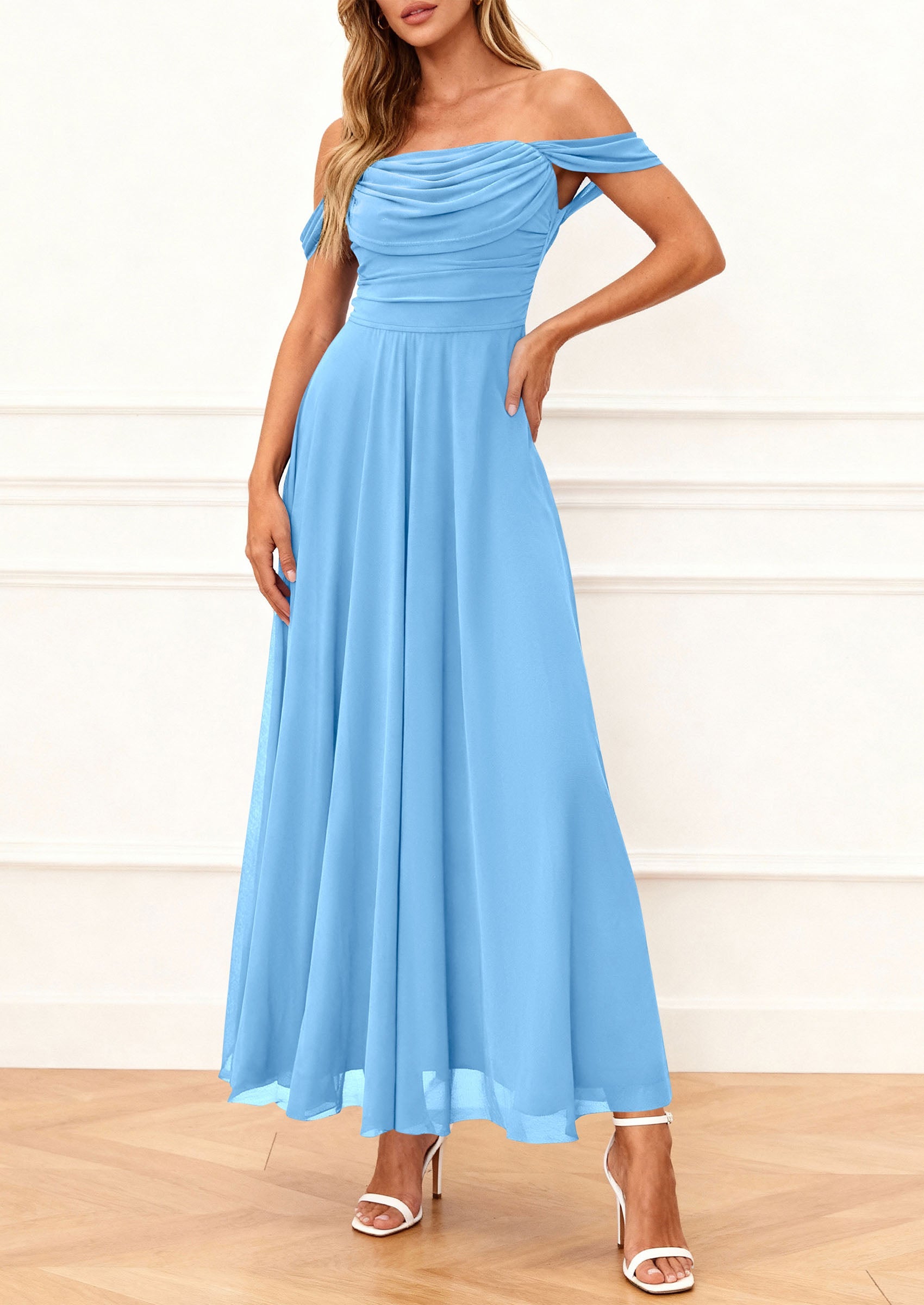 PRETTYGARDEN Womens Off Shoulder Maxi Summer Dresses 2026 Elegant Mesh Aline Swing Ruched Flowy Cocktail Wedding Guest Dress PRETTYGARDEN