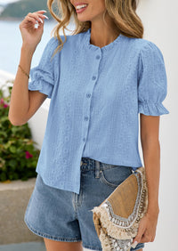 PRETTYGARDEN Womens Puff Short Sleeve Tops 2026 Summer Spring Button Down Boho Embroidered Cute Blouse Dressy Casual Shirts PRETTYGARDEN