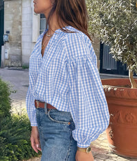 PRETTYGARDEN Women Fall Plaid Long Puff Sleeve Shirts V Neck Casual Blouses  Gingham Button Down Oversized, Pleated Drop Shoulder Cotton Tops, Dressy Casual, Work Vacation Travel, Fall Outfits Trendy