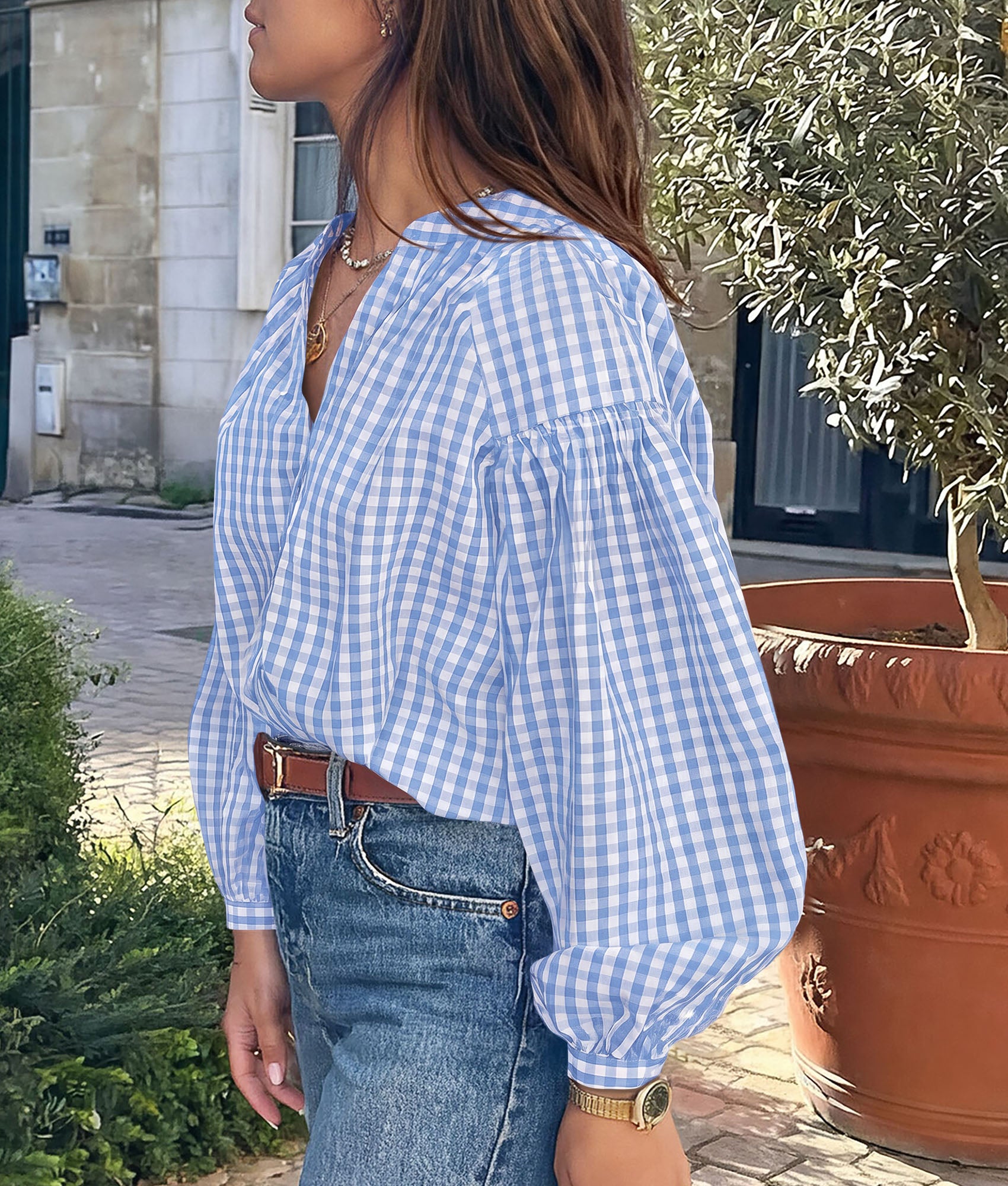 PRETTYGARDEN Women Fall Plaid Long Puff Sleeve Shirts V Neck Casual Blouses  Gingham Button Down Oversized, Pleated Drop Shoulder Cotton Tops, Dressy Casual, Work Vacation Travel, Fall Outfits Trendy