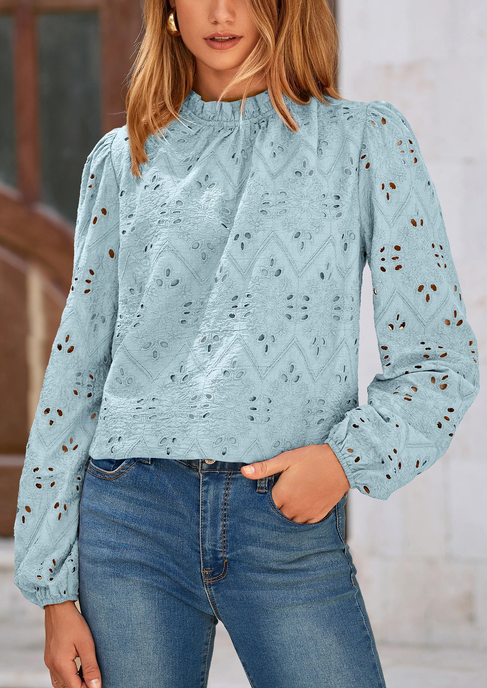 PRETTYGARDEN Womens Tops Dressy Casual Spring Long Sleeve Shirts Embroidered Eyelet Blouses Going Out Outfits