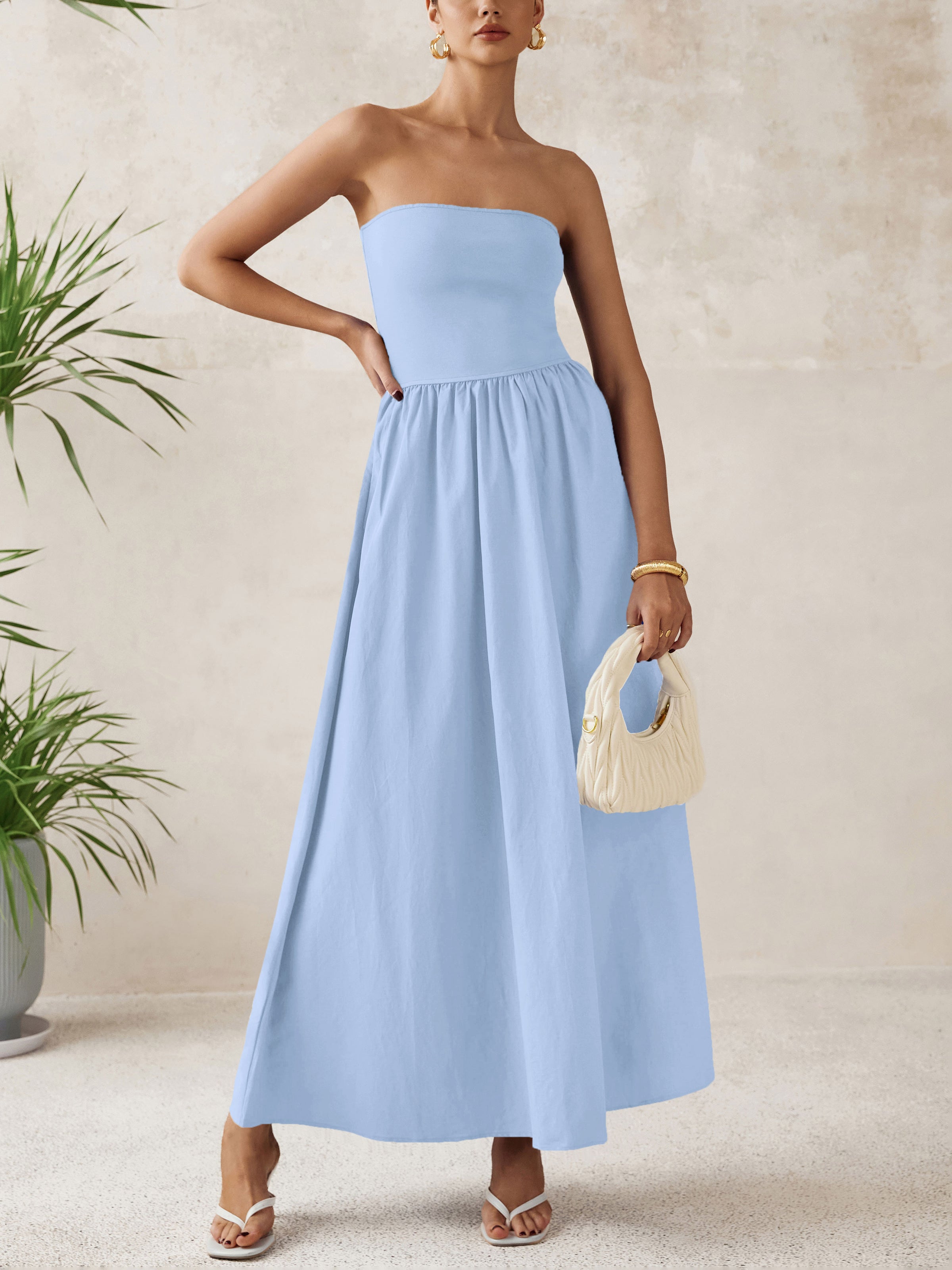 PRETTYGARDEN Women Summer Elegant Strapless Maxi Dress Tube Top Dress A Line Flowy Long Wedding Party Cocktail Dresses