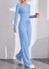PRETTYGARDEN Womens 2 Piece Sets Long Sleeve Outfits  Soft Ribbed Knit, Loose Wide Leg Fit, Crop Top Drawstring High Waist Pants Set, Casual Lounge Travel, Matching Fall Clothes