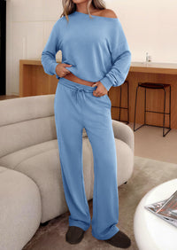 PRETTYGARDEN Womens 2 Piece Casual Matching Lounge Sets  Fashion Off the Shoulder Sweatshirt, Wide Leg Pants with Pockets, Comfy Airport Travel Outfit, 2026 Trendy Fall Set