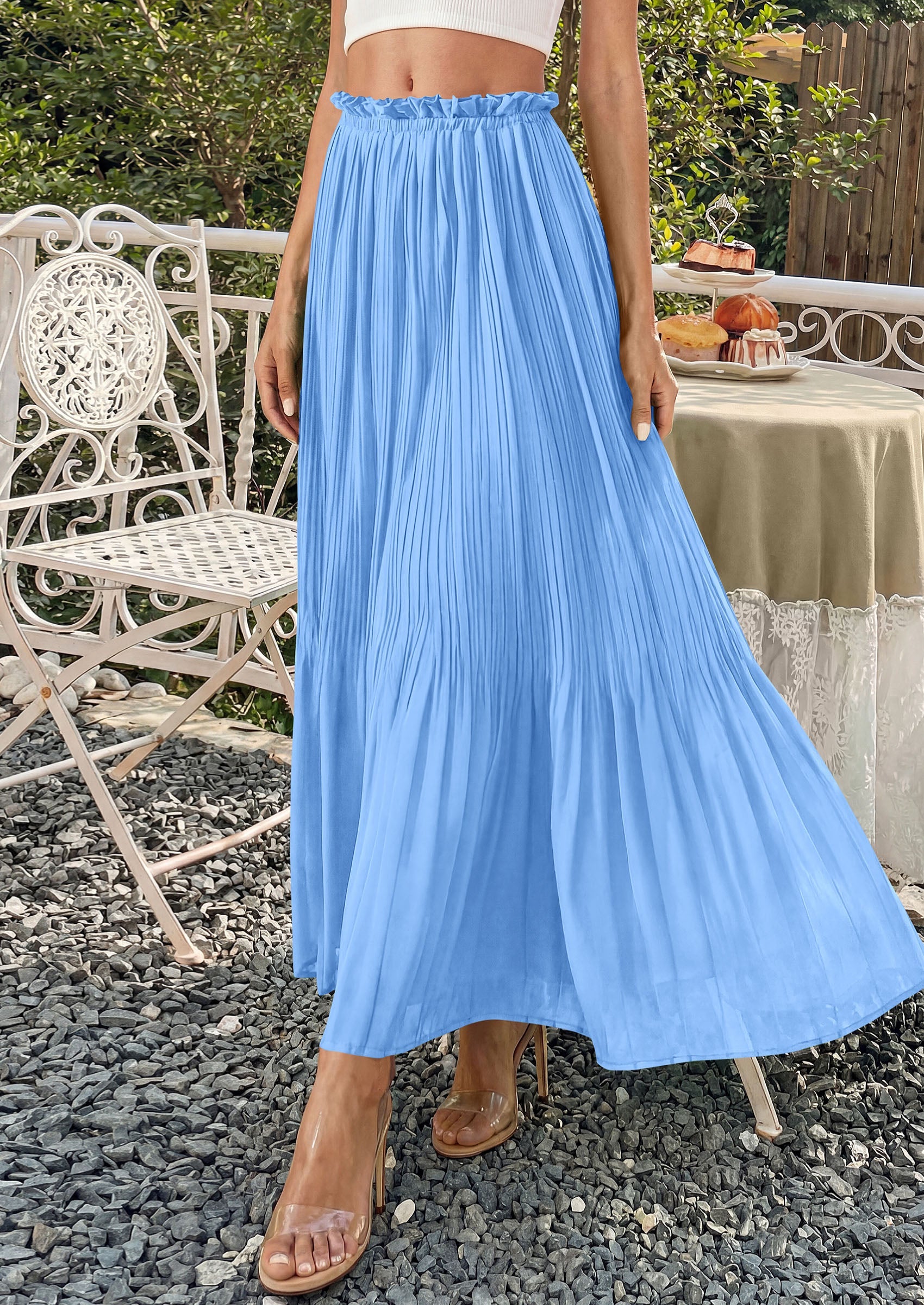 PRETTYGARDEN Pleated Long Skirts for Women Summer Vacation Outfits 2026 Spring Elastic Waisted Flowy Chiffon A-Line Midi Skirt PRETTYGARDEN