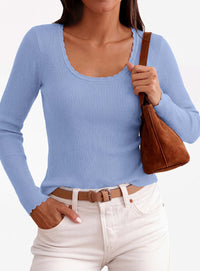 PRETTYGARDEN Women's Fall Lightweight Ribbed Knit Sweaters | Stretchy Cozy Knitwear,Scalloped Scoop Neck,Long Sleeve Shirts,Slim Fitted Pullover,Basic Layering Tops,Cute Casual Outfits