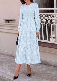 PRETTYGARDEN Fall Floral Long Sleeve Wedding Guest Dress for Women Pockets | Casual Textured Jacquard Smocked High Waist A-line Boho Flowy Midi Dress, Semi Formal Cocktail Dresses for Women 2026