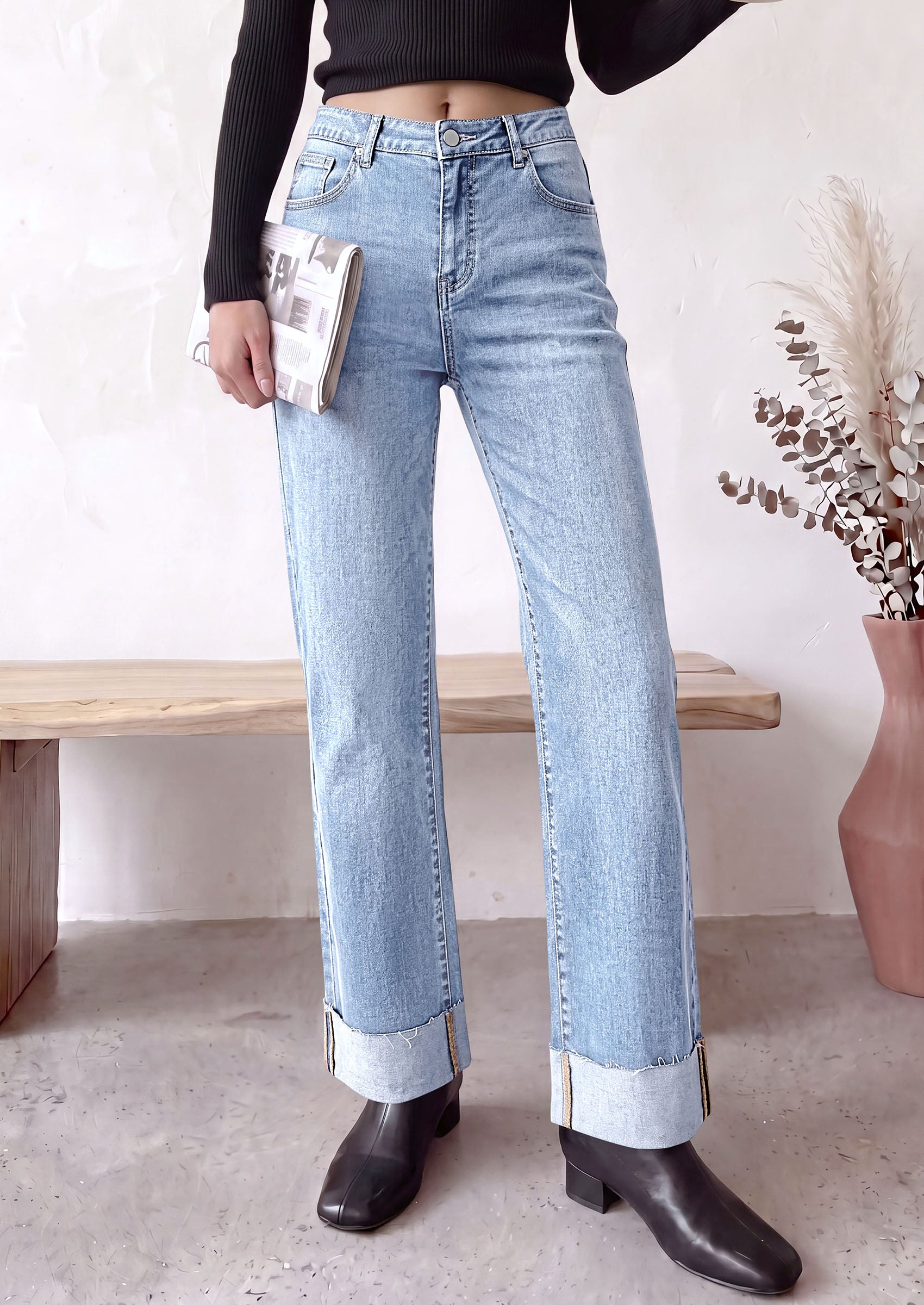 PRETTYGARDEN Women's Baggy Denim Jeans Wide Leg Pants | Stretchy High Waisted, Straight Leg Pockets, Cuffed Raw Hem Boyfriend, Trendy Bottoms, Fall Fashion Clothes, Casual Outfits