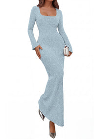PRETTYGARDEN Women's Fall Long Sleeve Maxi Bodycon Dresses | Soft Stretchy Ribbed Knit, Bell Sleeve Square Neck Mermaid, Elegant Long Dress, Wedding Guest Party, 2026 Winter Clothing