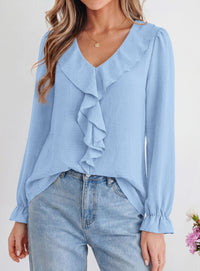 PRETTYGARDEN Women Early Fall Fashion Dressy Casual Blouses  | Comfy Lightweight,Lantern Long Sleeve Shirts,Cute Ruffle V Neck,Going Out Tops,Business Work Outfits,Trendy Daily Clothes