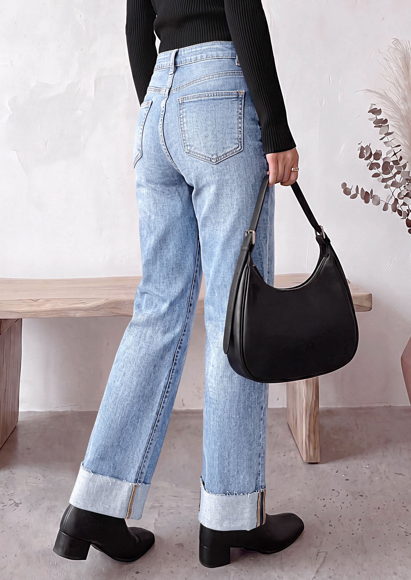 PRETTYGARDEN Women's Baggy Denim Jeans Wide Leg Pants | Stretchy High Waisted, Straight Leg Pockets, Cuffed Raw Hem Boyfriend, Trendy Bottoms, Fall Fashion Clothes, Casual Outfits